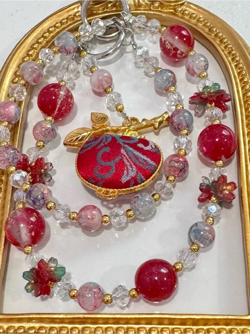 New Red Floral Beaded Phone Chain with Gold Accents